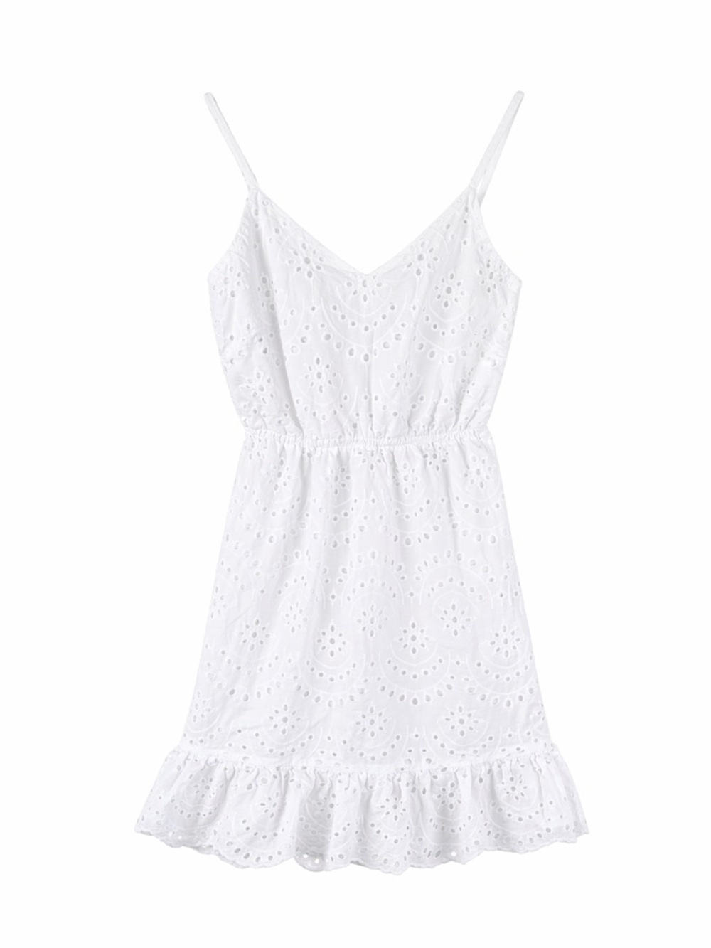 White Eyelet Sundress XS Cottagecore Ruffle Hem Summer Mini Dress